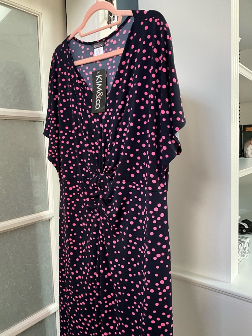 KIM & CO Navy Dress with Pink Polka Dots and Front Twist